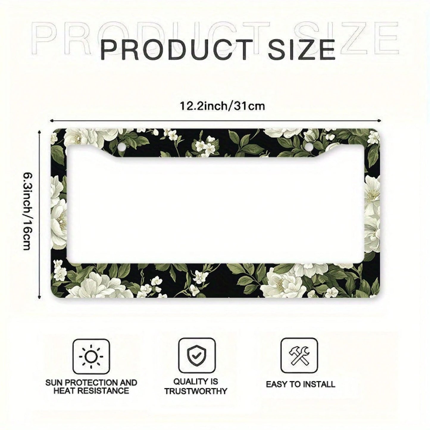 1pc Black White Floral Metal License Plate Frame 12.2x6.3in, With Mount Screws, Fits US & Global Vehicles, Valentine's Day Car Decor,Car Cover,Car Must Haves,Gifts,Car Decor,Car Acessesories>Essential