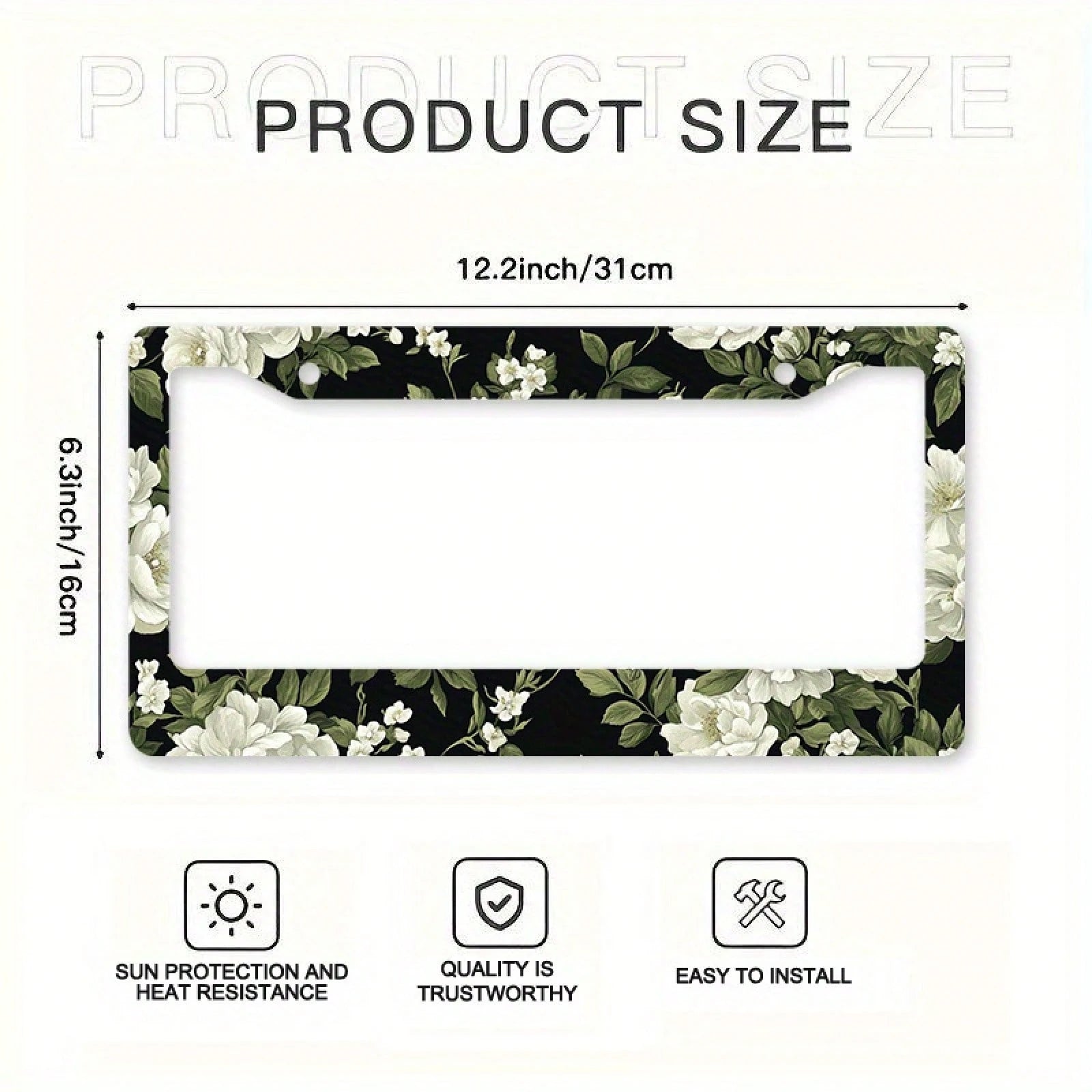 1pc Black White Floral Metal License Plate Frame 12.2x6.3in, With Mount Screws, Fits US & Global Vehicles, Valentine's Day Car Decor,Car Cover,Car Must Haves,Gifts,Car Decor,Car Acessesories>Essential