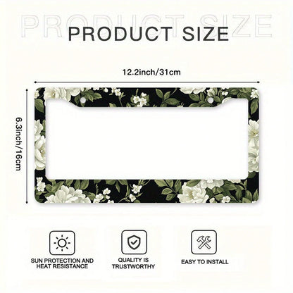 1pc Black White Floral Metal License Plate Frame 12.2x6.3in, With Mount Screws, Fits US & Global Vehicles, Valentine's Day Car Decor,Car Cover,Car Must Haves,Gifts,Car Decor,Car Acessesories>Essential