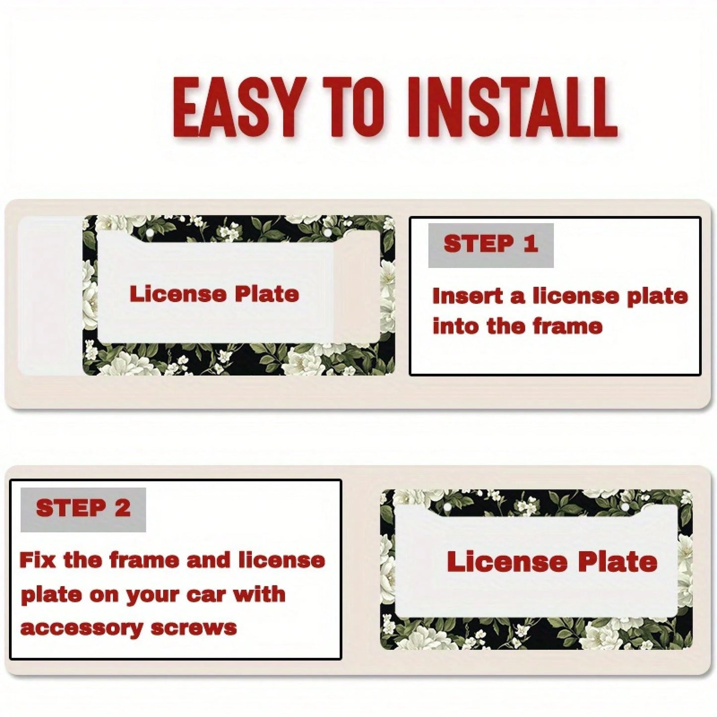1pc Black White Floral Metal License Plate Frame 12.2x6.3in, With Mount Screws, Fits US & Global Vehicles, Valentine's Day Car Decor,Car Cover,Car Must Haves,Gifts,Car Decor,Car Acessesories>Essential