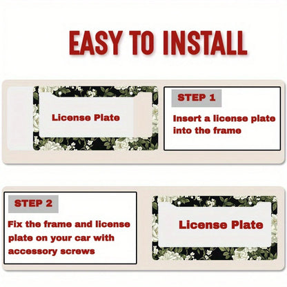 1pc Black White Floral Metal License Plate Frame 12.2x6.3in, With Mount Screws, Fits US & Global Vehicles, Valentine's Day Car Decor,Car Cover,Car Must Haves,Gifts,Car Decor,Car Acessesories>Essential