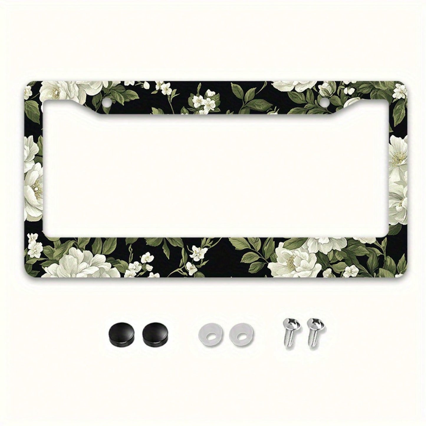 1pc Black White Floral Metal License Plate Frame 12.2x6.3in, With Mount Screws, Fits US & Global Vehicles, Valentine's Day Car Decor,Car Cover,Car Must Haves,Gifts,Car Decor,Car Acessesories>Essential