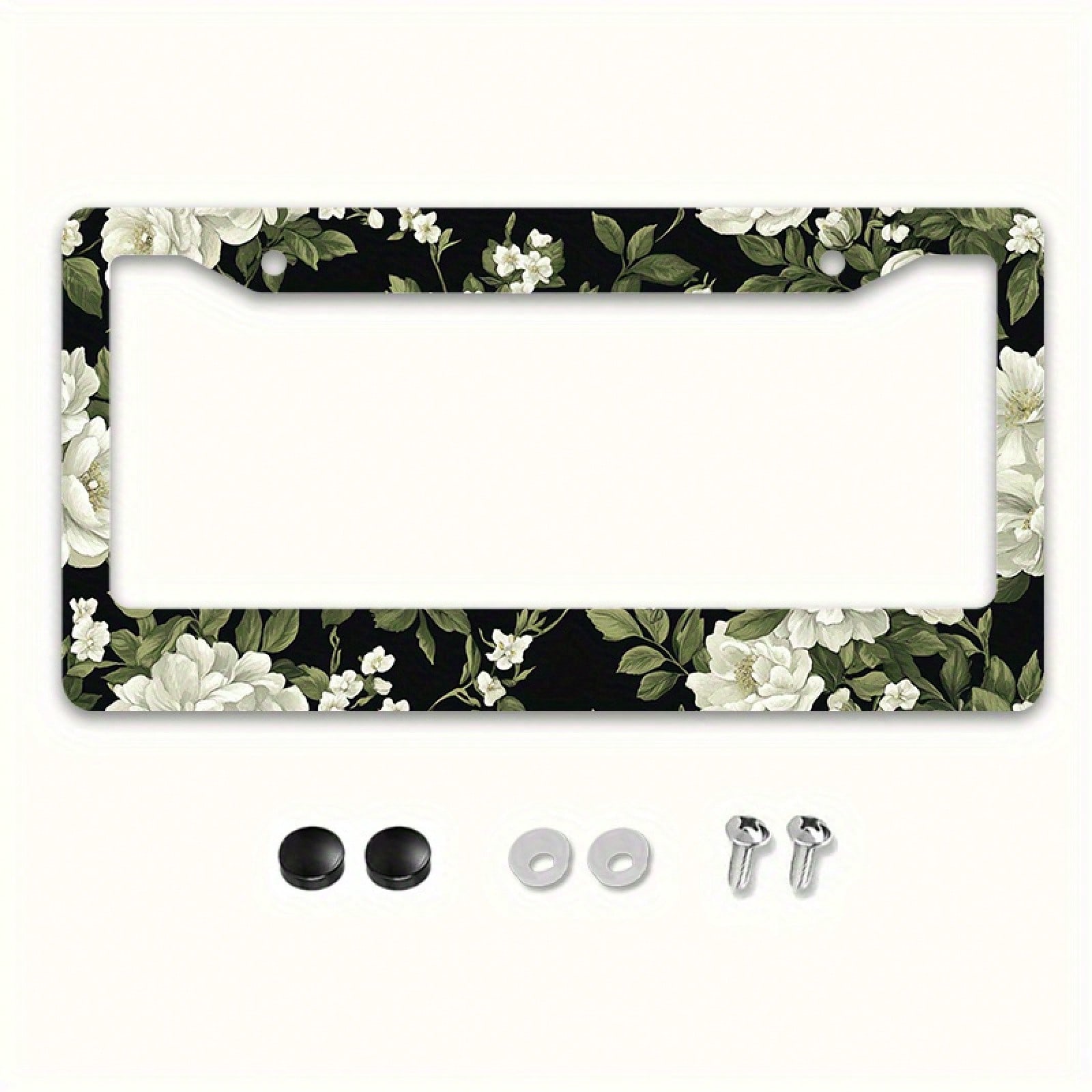 1pc Black White Floral Metal License Plate Frame 12.2x6.3in, With Mount Screws, Fits US & Global Vehicles, Valentine's Day Car Decor,Car Cover,Car Must Haves,Gifts,Car Decor,Car Acessesories>Essential