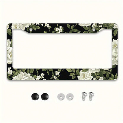 1pc Black White Floral Metal License Plate Frame 12.2x6.3in, With Mount Screws, Fits US & Global Vehicles, Valentine's Day Car Decor,Car Cover,Car Must Haves,Gifts,Car Decor,Car Acessesories>Essential