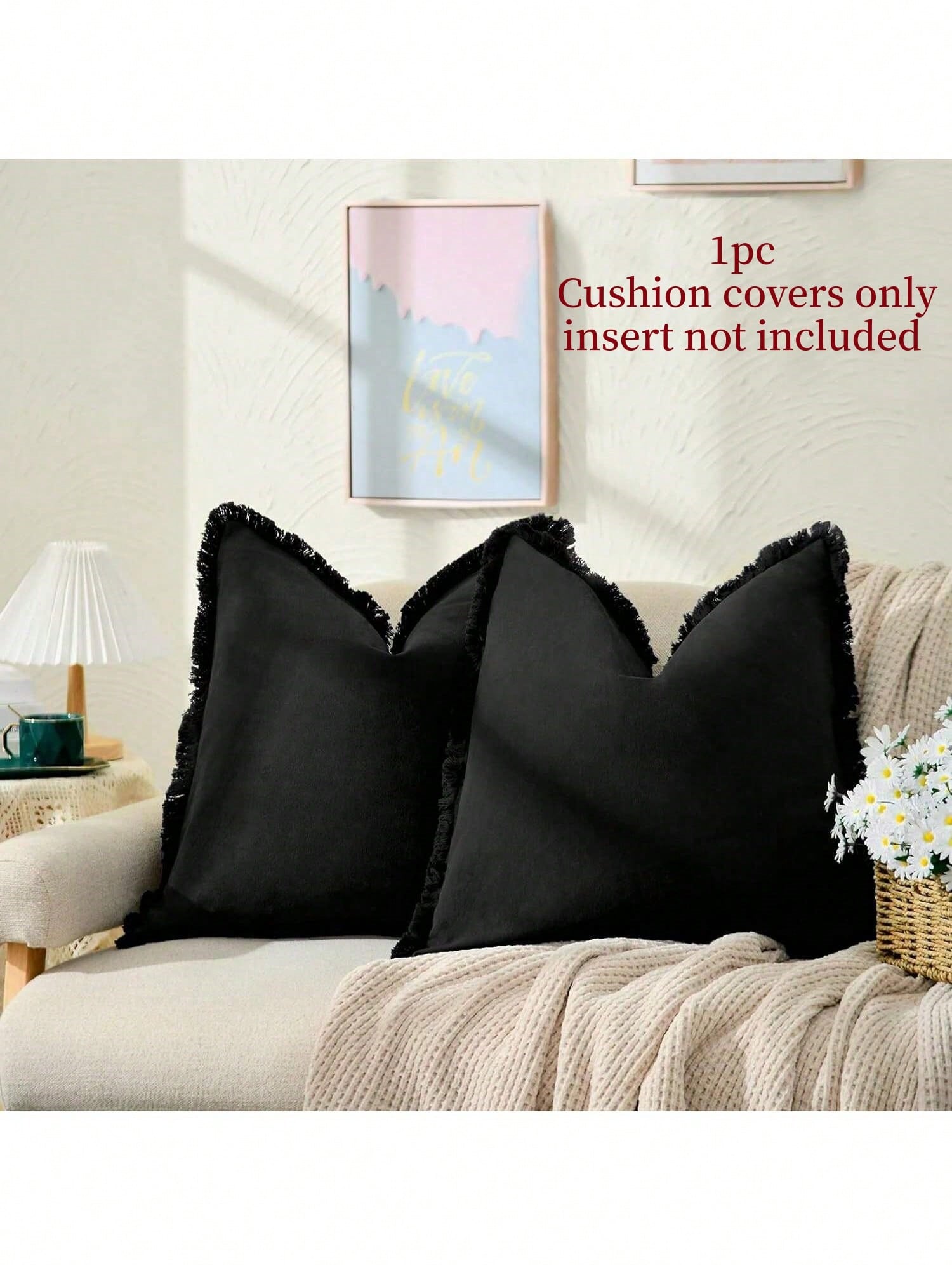 1pc Black (Without Pillow Insert) Tasseled Throw Pillow Cover, Farmhouse Style Soft Washed Fabric Decorative Cushion Cover With Fringe