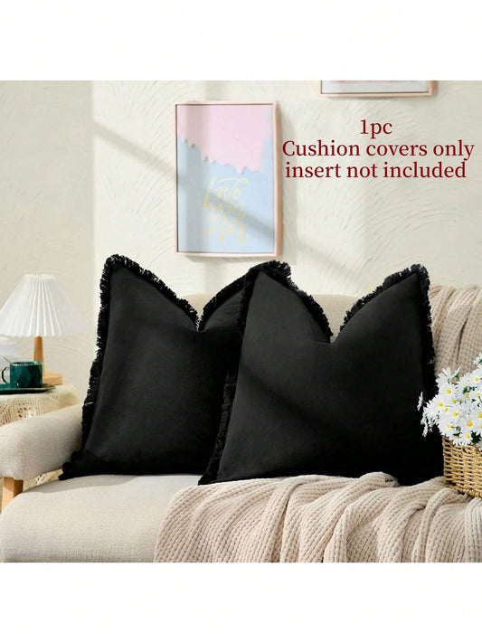 1pc Black (Without Pillow Insert) Tasseled Throw Pillow Cover, Farmhouse Style Soft Washed Fabric Decorative Cushion Cover With Fringe
