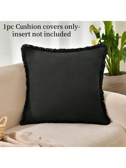 1pc Black (Without Pillow Insert) Tasseled Throw Pillow Cover, Farmhouse Style Soft Washed Fabric Decorative Cushion Cover With Fringe