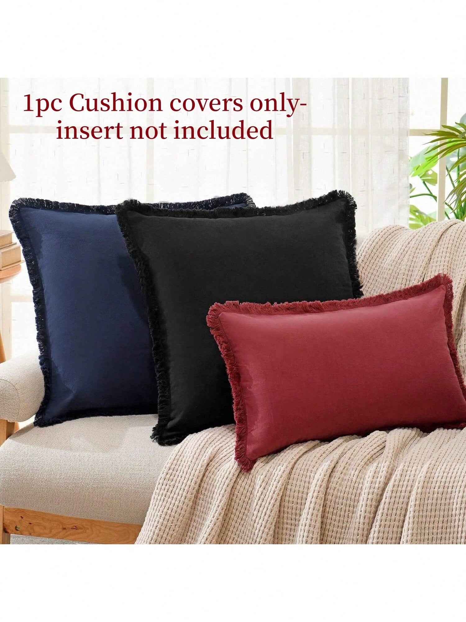 1pc Black (Without Pillow Insert) Tasseled Throw Pillow Cover, Farmhouse Style Soft Washed Fabric Decorative Cushion Cover With Fringe