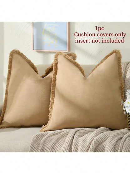 1pc Black (Without Pillow Insert) Tasseled Throw Pillow Cover, Farmhouse Style Soft Washed Fabric Decorative Cushion Cover With Fringe