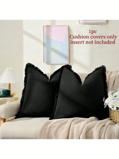 1pc Black (Without Pillow Insert) Tasseled Throw Pillow Cover, Farmhouse Style Soft Washed Fabric Decorative Cushion Cover With Fringe