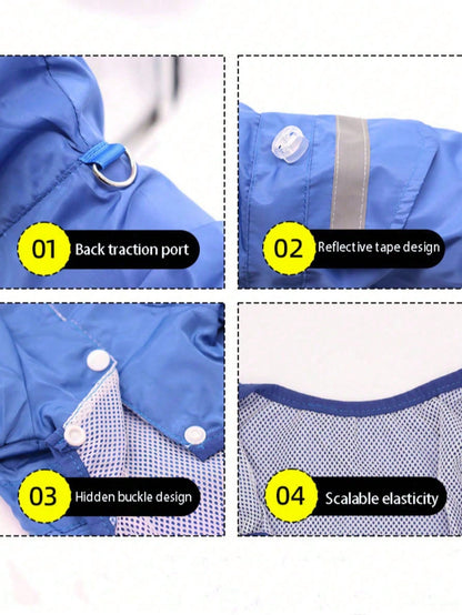 1pc Blue Pet Raincoat, Lightweight Polyester Fiber Reflective Strips Full Coverage 4-Leg Dog Outfit, Waterproof Pet Raincoat, Suitable For Small And Medium Poodle Dogs Year-Round Wear