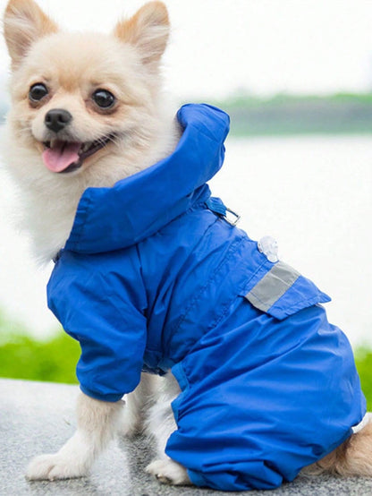 1pc Blue Pet Raincoat, Lightweight Polyester Fiber Reflective Strips Full Coverage 4-Leg Dog Outfit, Waterproof Pet Raincoat, Suitable For Small And Medium Poodle Dogs Year-Round Wear