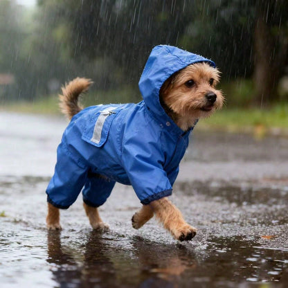 1pc Blue Pet Raincoat, Lightweight Polyester Fiber Reflective Strips Full Coverage 4-Leg Dog Outfit, Waterproof Pet Raincoat, Suitable For Small And Medium Poodle Dogs Year-Round Wear