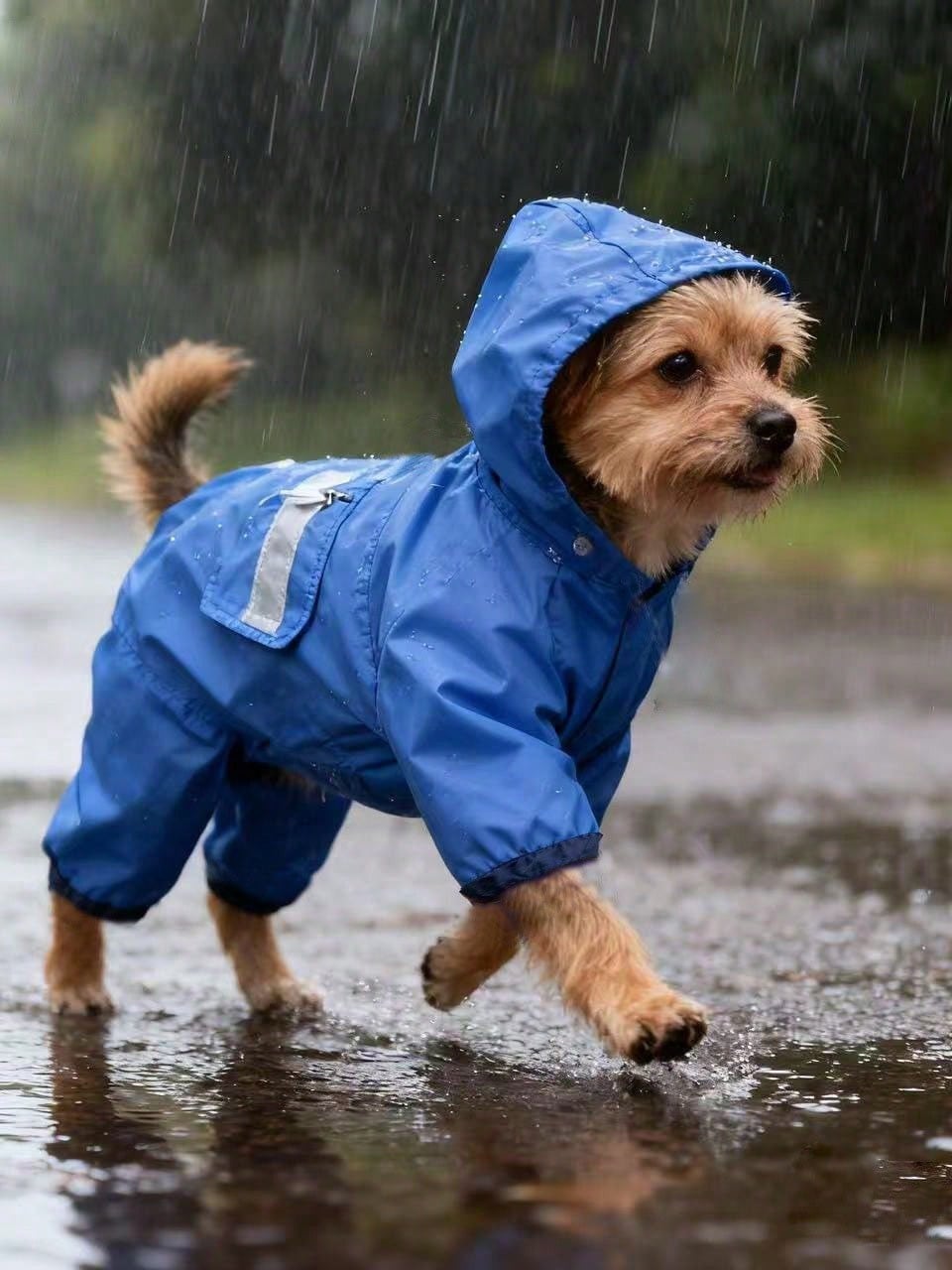 1pc Blue Pet Raincoat, Lightweight Polyester Fiber Reflective Strips Full Coverage 4-Leg Dog Outfit, Waterproof Pet Raincoat, Suitable For Small And Medium Poodle Dogs Year-Round Wear