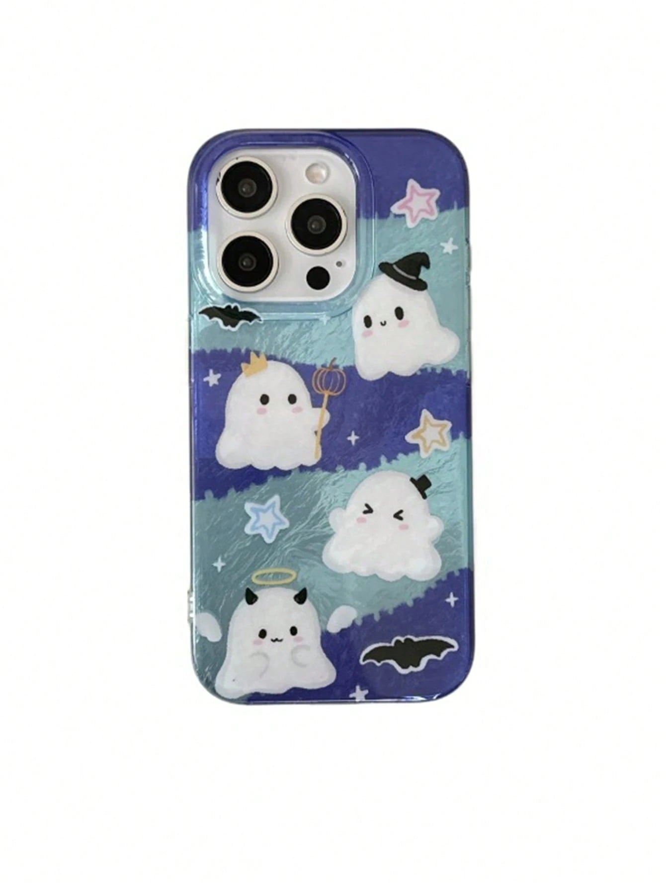 1pc Blue Purple Gradient Foil Texture Cute Ghost Phone Case Compatible With Apple 18Promax/11/12/13/14plus/15/16/17pro