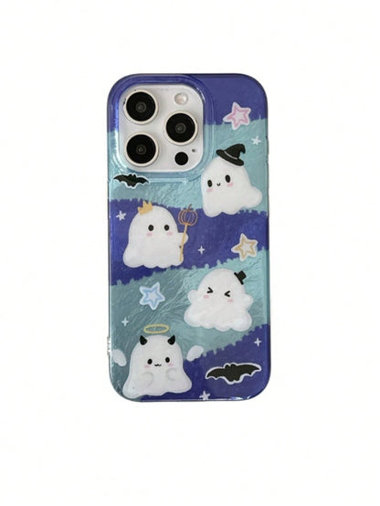 1pc Blue Purple Gradient Foil Texture Cute Ghost Phone Case Compatible With Apple 18Promax/11/12/13/14plus/15/16/17pro