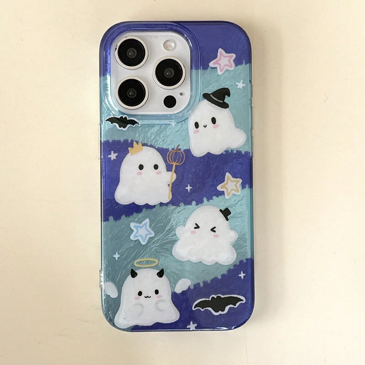 1pc Blue Purple Gradient Foil Texture Cute Ghost Phone Case Compatible With Apple 18Promax/11/12/13/14plus/15/16/17pro