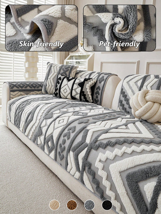 1pc Boho 3D Tufted Geometric Diamond Sofa Cover, Pet-Friendly Anti-Scratch Fluffy Couch Protector, Skin-Friendly Machine Washable Furniture Slipcover Fit 1/2/3/4 Seater Sofa
