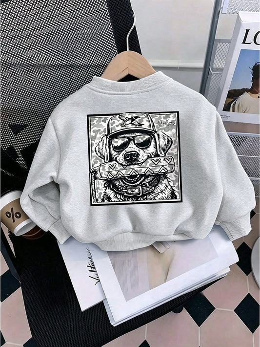 1pc Boys Casual Printed Crew Neck Sweatshirt, American Retro Sunglasses Dog Graphic Long Sleeve Top, Street Style Fashion Kids Wear