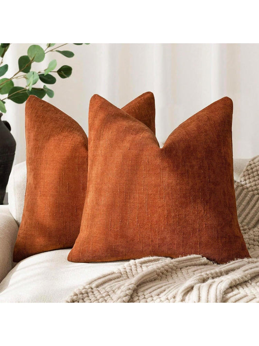 1pc Burnt Orange Vintage Wabi-Sabi + Minimalist Soft Texture Chenille + Linen Blend Fabric Woven Decorative Pillowcase, Suitable For Home, Sofa, Bed, Bedroom, Living Room, Cafe, Exhibition Hall, Decor