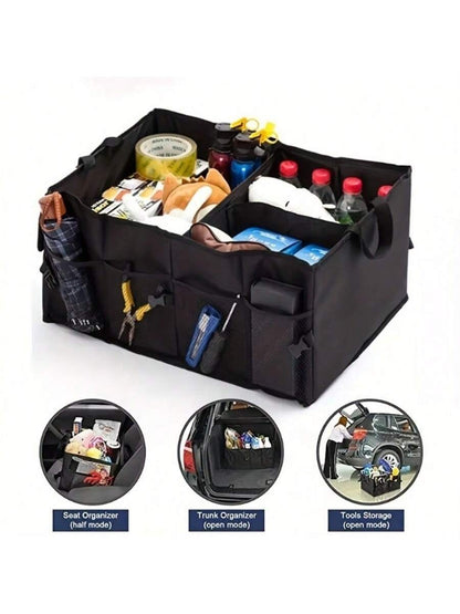 1pc Car Trunk Organizer For SUV Backseat Waterproof Car Storage Organizer Foldable Rear Seat Storage Box With Adjustable Strap Black