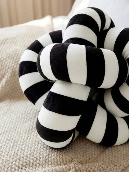 1pc Classic Black & White Striped Knotted Throw Pillow, Minimalist Ins Style Creative Ball Shaped Sofa Cushion, Suitable For Bedroom & Living Room Decor, Handmade Knitted, 3 Size Options