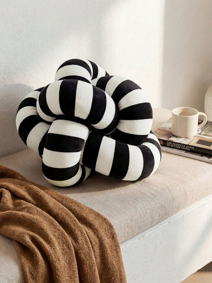 1pc Classic Black & White Striped Knotted Throw Pillow, Minimalist Ins Style Creative Ball Shaped Sofa Cushion, Suitable For Bedroom & Living Room Decor, Handmade Knitted, 3 Size Options