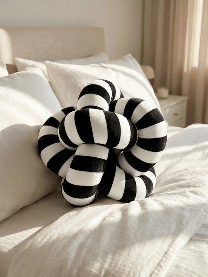 1pc Classic Black & White Striped Knotted Throw Pillow, Minimalist Ins Style Creative Ball Shaped Sofa Cushion, Suitable For Bedroom & Living Room Decor, Handmade Knitted, 3 Size Options