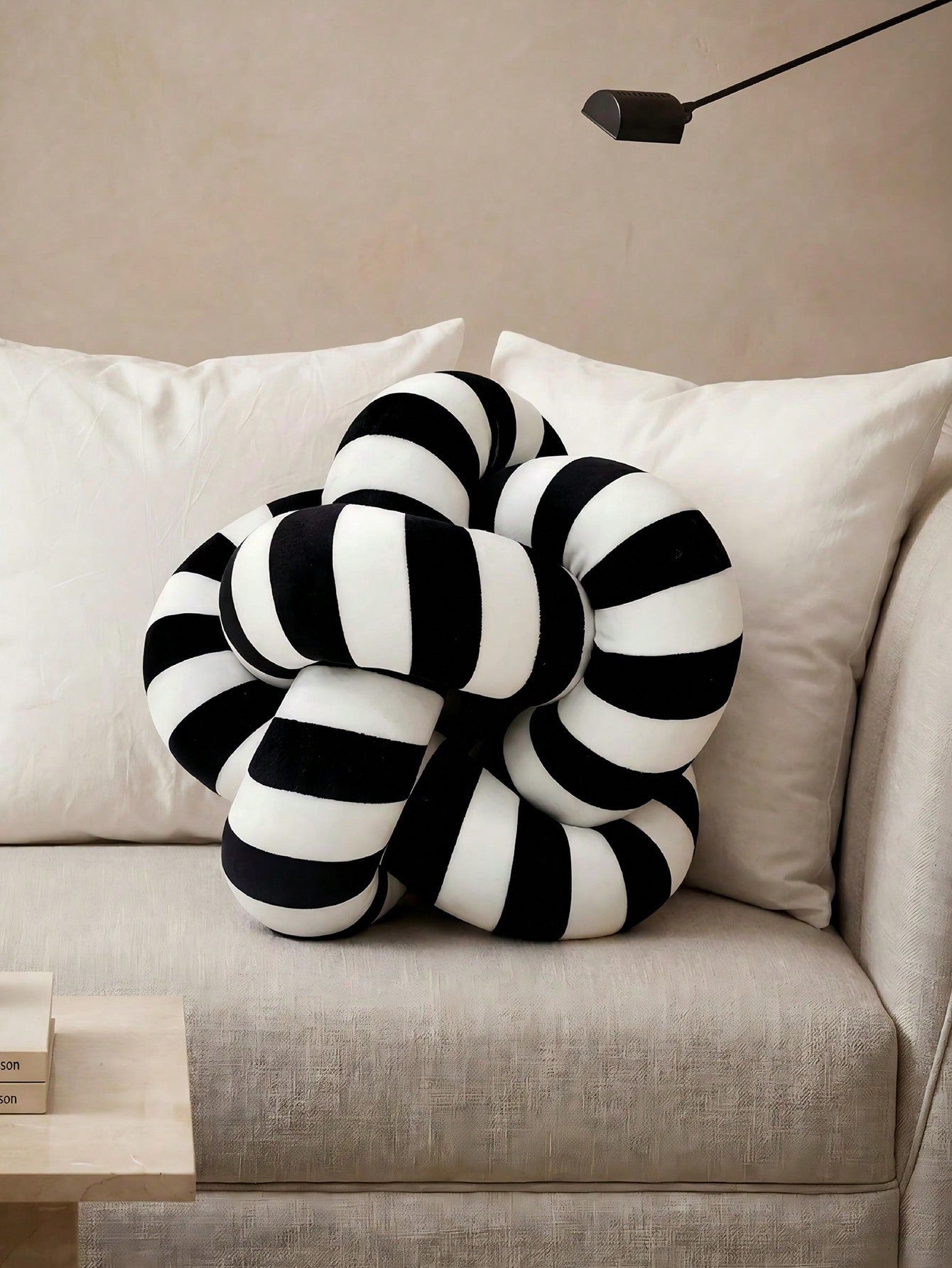 1pc Classic Black & White Striped Knotted Throw Pillow, Minimalist Ins Style Creative Ball Shaped Sofa Cushion, Suitable For Bedroom & Living Room Decor, Handmade Knitted, 3 Size Options
