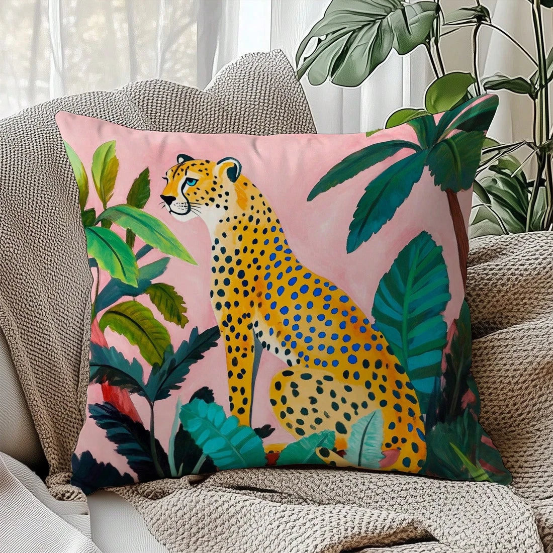 1pc Colorful Cheetah Print Throw Pillow Cover, Plush Velvet Fabric, 45*45/50*50/40*40CM Cushion Cover Suitable For Modern Living Room Sofa Decor, Gift