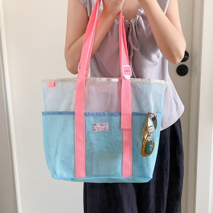 1pc Contrast Color Breathable Mesh Tote Shoulder Bag, Adjustable Buckle Webbing Strap Design With Inner Zipper Pocket, Large Capacity Lightweight Mesh Handbag, Patch Summer Beach Swimming Gym Grocery