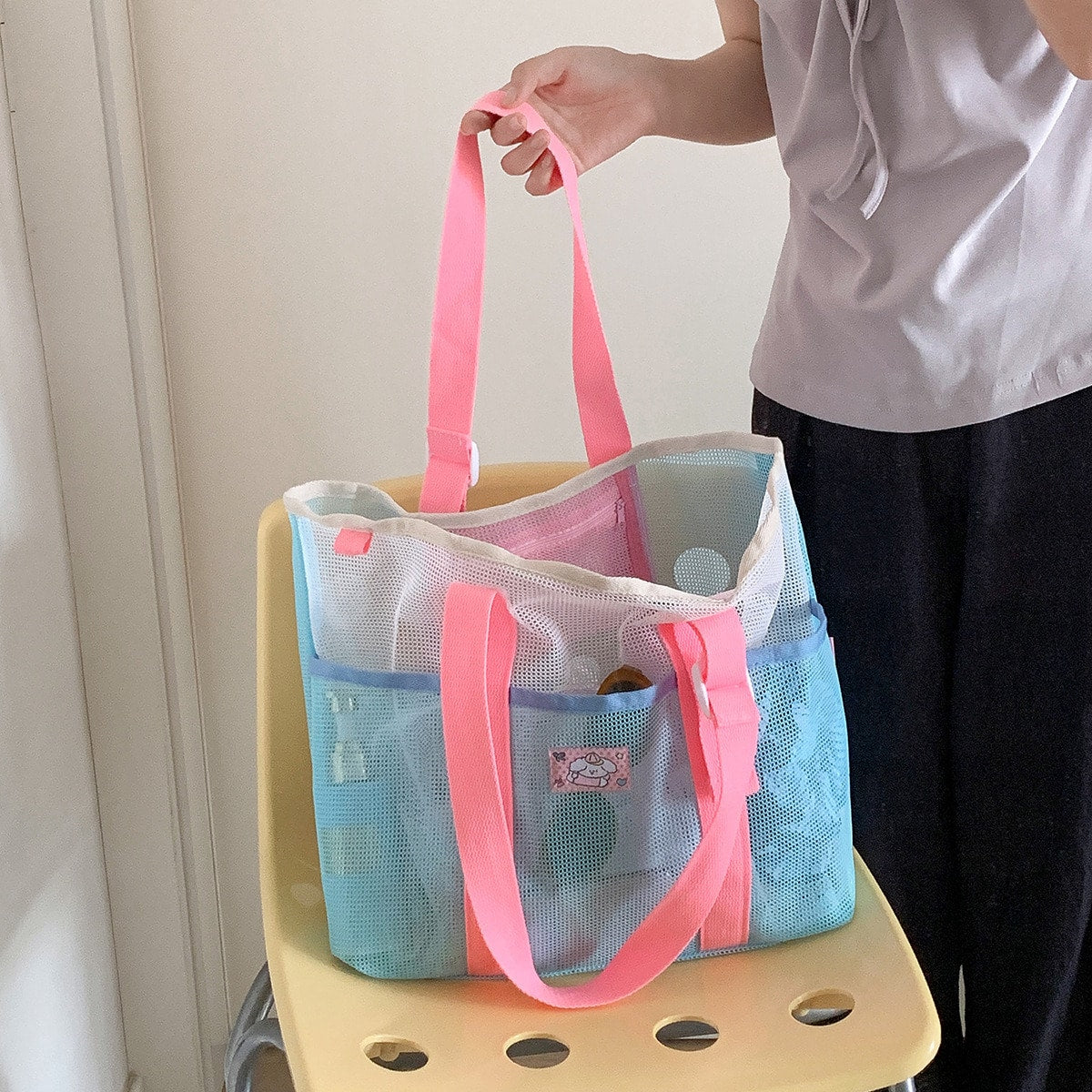 1pc Contrast Color Breathable Mesh Tote Shoulder Bag, Adjustable Buckle Webbing Strap Design With Inner Zipper Pocket, Large Capacity Lightweight Mesh Handbag, Patch Summer Beach Swimming Gym Grocery