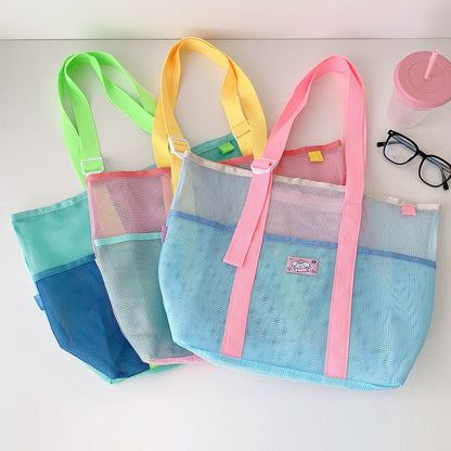 1pc Contrast Color Breathable Mesh Tote Shoulder Bag, Adjustable Buckle Webbing Strap Design With Inner Zipper Pocket, Large Capacity Lightweight Mesh Handbag, Patch Summer Beach Swimming Gym Grocery