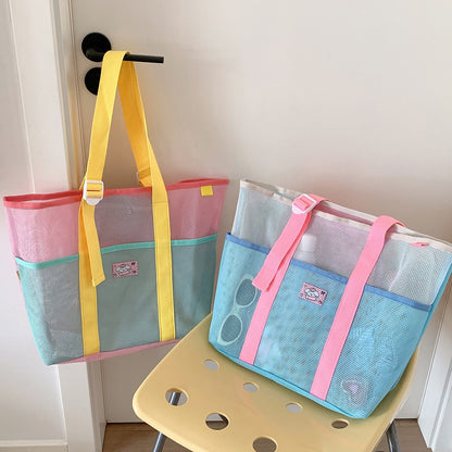 1pc Contrast Color Breathable Mesh Tote Shoulder Bag, Adjustable Buckle Webbing Strap Design With Inner Zipper Pocket, Large Capacity Lightweight Mesh Handbag, Patch Summer Beach Swimming Gym Grocery