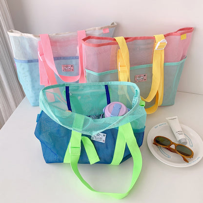 1pc Contrast Color Breathable Mesh Tote Shoulder Bag, Adjustable Buckle Webbing Strap Design With Inner Zipper Pocket, Large Capacity Lightweight Mesh Handbag, Patch Summer Beach Swimming Gym Grocery