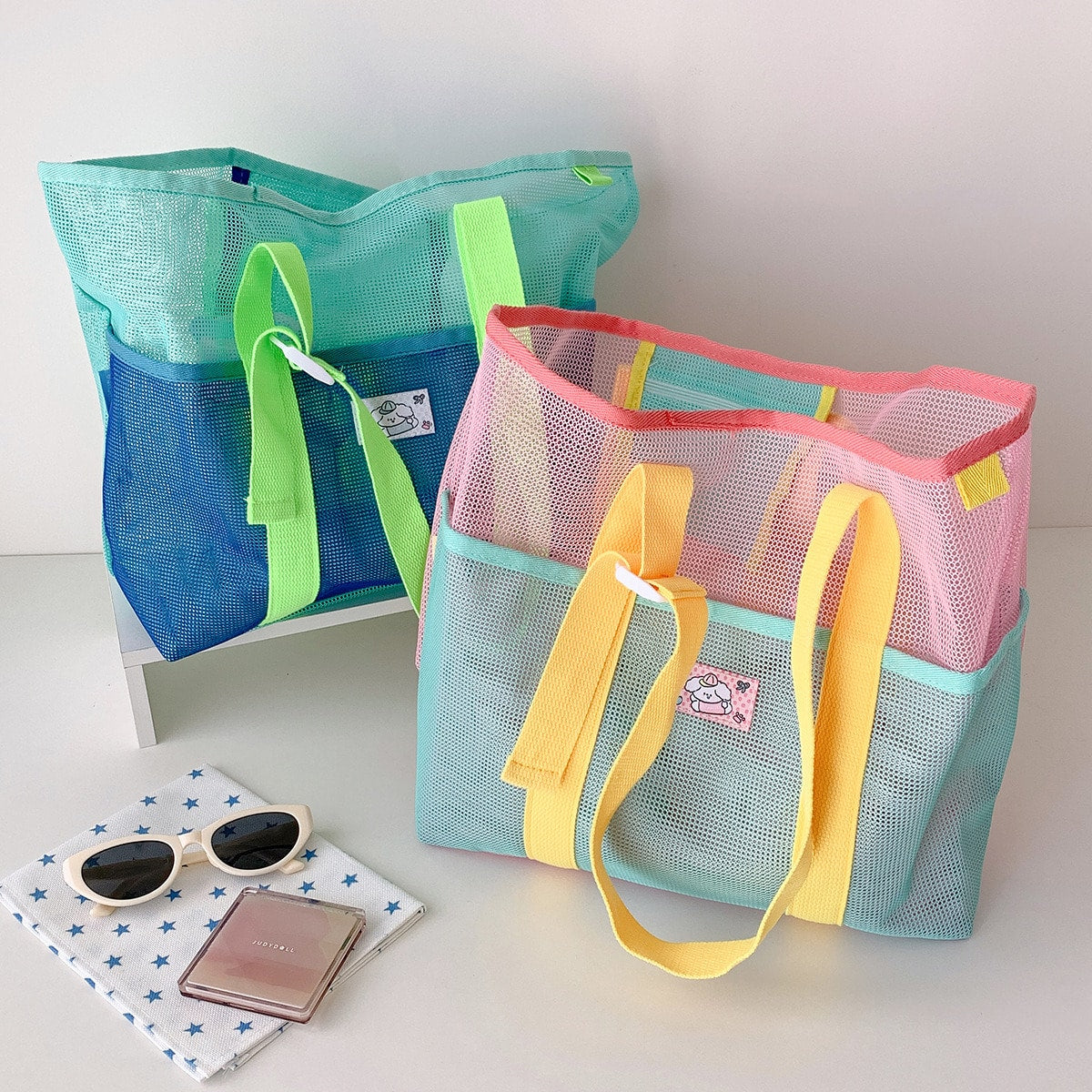 1pc Contrast Color Breathable Mesh Tote Shoulder Bag, Adjustable Buckle Webbing Strap Design With Inner Zipper Pocket, Large Capacity Lightweight Mesh Handbag, Patch Summer Beach Swimming Gym Grocery