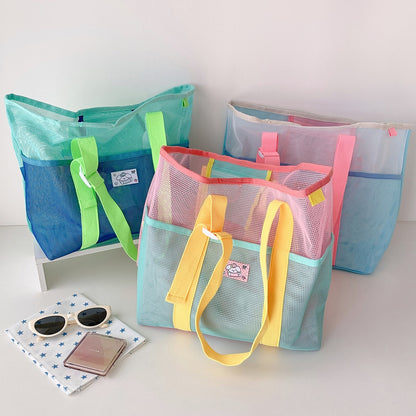 1pc Contrast Color Breathable Mesh Tote Shoulder Bag, Adjustable Buckle Webbing Strap Design With Inner Zipper Pocket, Large Capacity Lightweight Mesh Handbag, Patch Summer Beach Swimming Gym Grocery