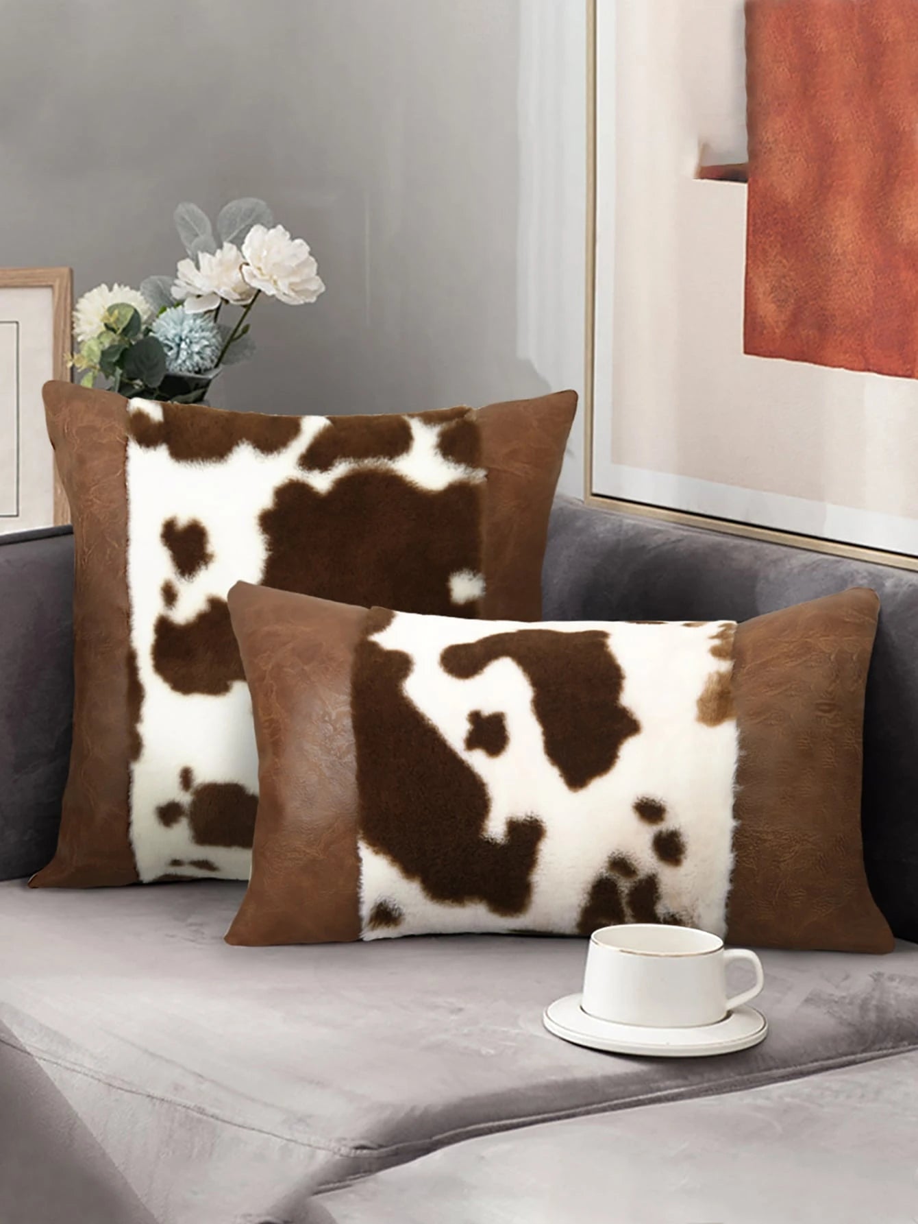 1pc Cow Print Plush Pillow Cover, Pillow Insert Not Included