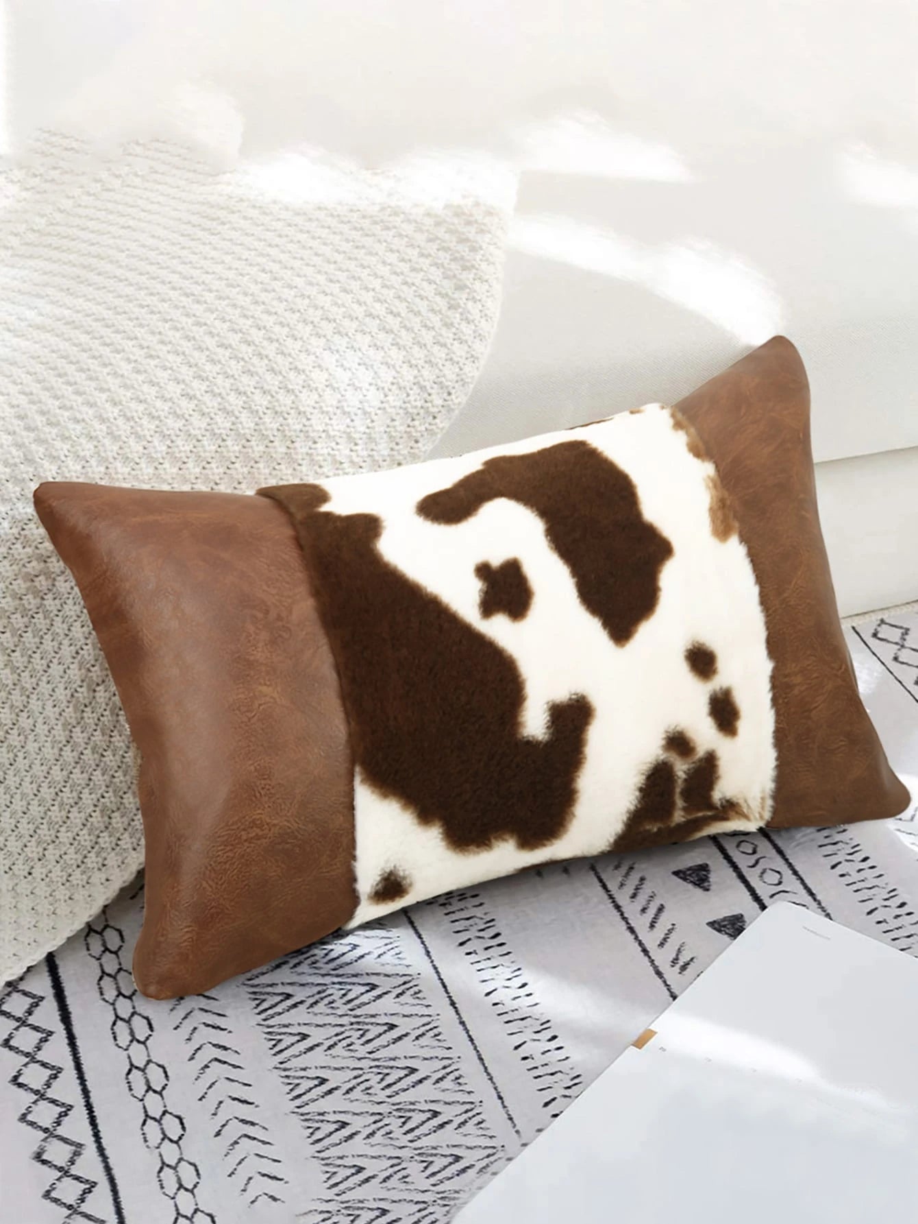 1pc Cow Print Plush Pillow Cover, Pillow Insert Not Included