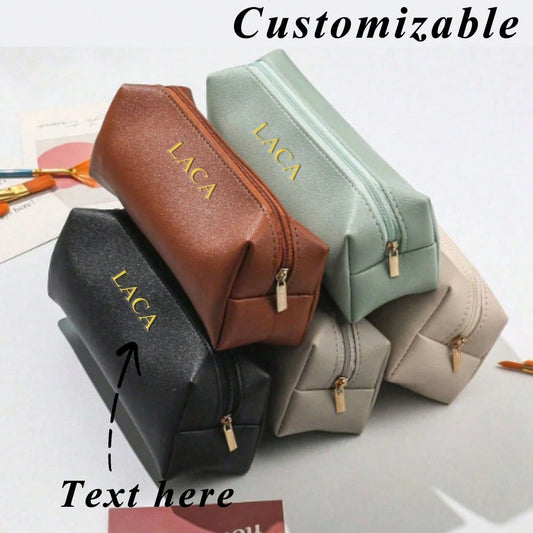 1pc Customized Letter PU Leather Business Office Pencil Case, Minimalist Student Zipper Pen Holder, Can Be Engraved, Makeup Brush Storage Box, Cosmetic Organizer Bag, Gifts- Lettered, Multifunctional