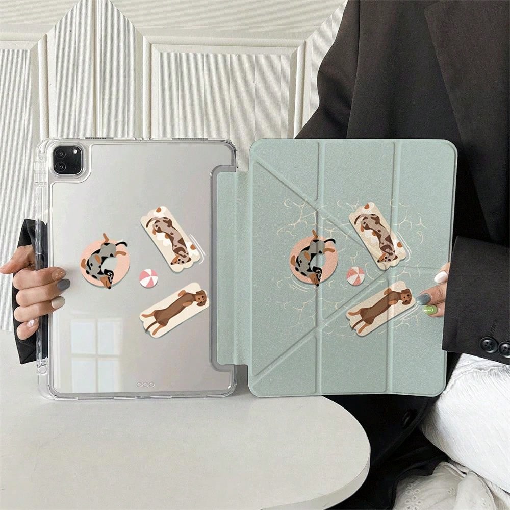 1pc Cute Dachshund Dog Sticker Style Print Clear Acrylic Back Tablet Case, Innovative Foldable Stand With Multiple Viewing Angles For Work & Entertainment, Protective Cover With Pen Slot Compatible Wi