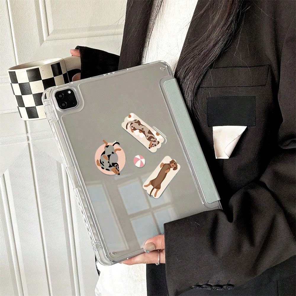 1pc Cute Dachshund Dog Sticker Style Print Clear Acrylic Back Tablet Case, Innovative Foldable Stand With Multiple Viewing Angles For Work & Entertainment, Protective Cover With Pen Slot Compatible Wi