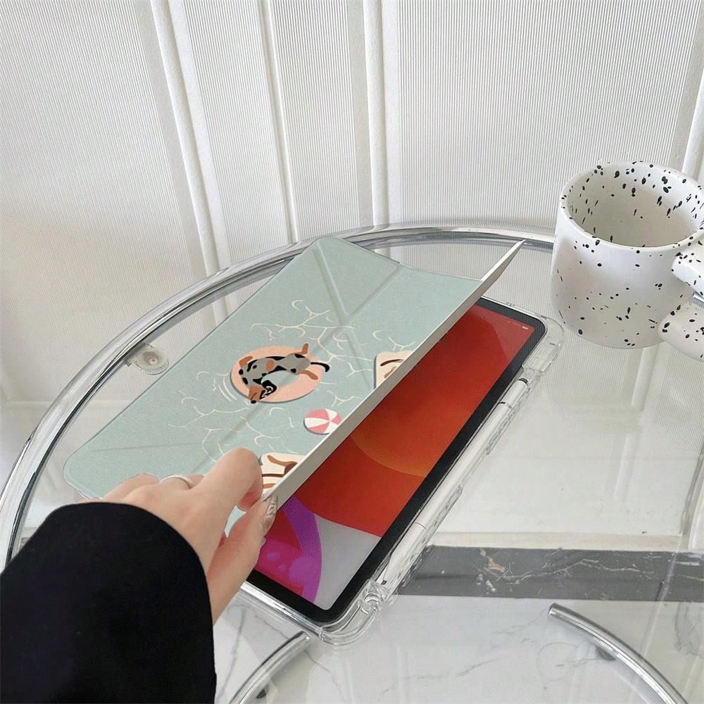 1pc Cute Dachshund Dog Sticker Style Print Clear Acrylic Back Tablet Case, Innovative Foldable Stand With Multiple Viewing Angles For Work & Entertainment, Protective Cover With Pen Slot Compatible Wi