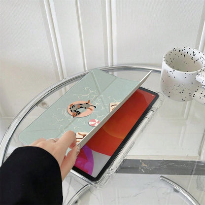 1pc Cute Dachshund Dog Sticker Style Print Clear Acrylic Back Tablet Case, Innovative Foldable Stand With Multiple Viewing Angles For Work & Entertainment, Protective Cover With Pen Slot Compatible Wi