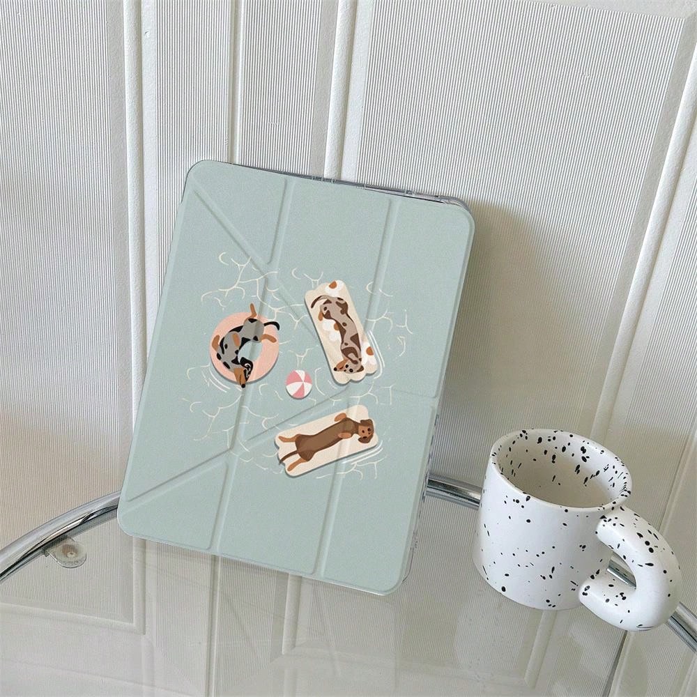1pc Cute Dachshund Dog Sticker Style Print Clear Acrylic Back Tablet Case, Innovative Foldable Stand With Multiple Viewing Angles For Work & Entertainment, Protective Cover With Pen Slot Compatible Wi