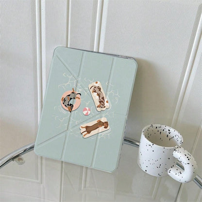 1pc Cute Dachshund Dog Sticker Style Print Clear Acrylic Back Tablet Case, Innovative Foldable Stand With Multiple Viewing Angles For Work & Entertainment, Protective Cover With Pen Slot Compatible Wi