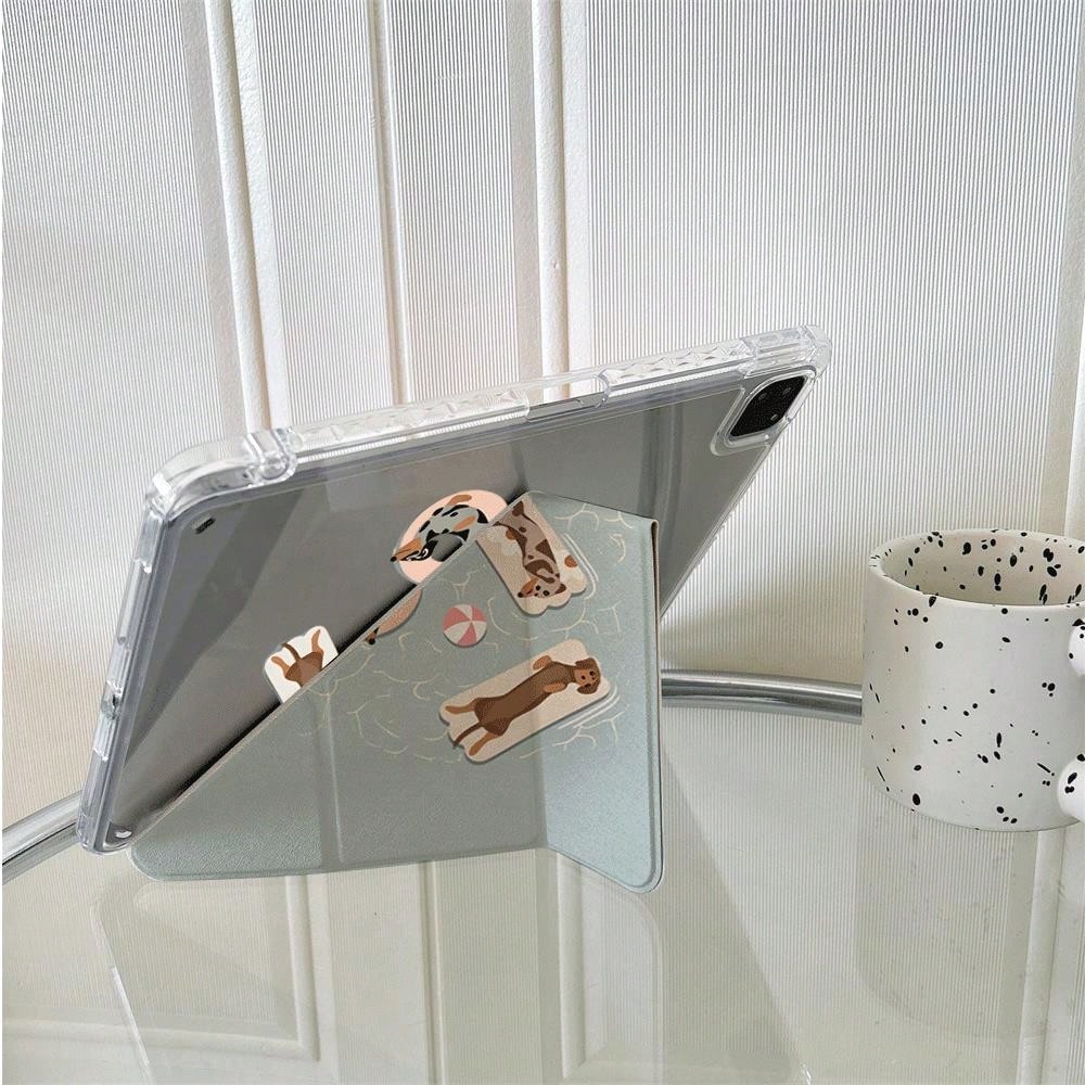 1pc Cute Dachshund Dog Sticker Style Print Clear Acrylic Back Tablet Case, Innovative Foldable Stand With Multiple Viewing Angles For Work & Entertainment, Protective Cover With Pen Slot Compatible Wi