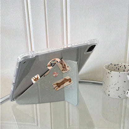 1pc Cute Dachshund Dog Sticker Style Print Clear Acrylic Back Tablet Case, Innovative Foldable Stand With Multiple Viewing Angles For Work & Entertainment, Protective Cover With Pen Slot Compatible Wi