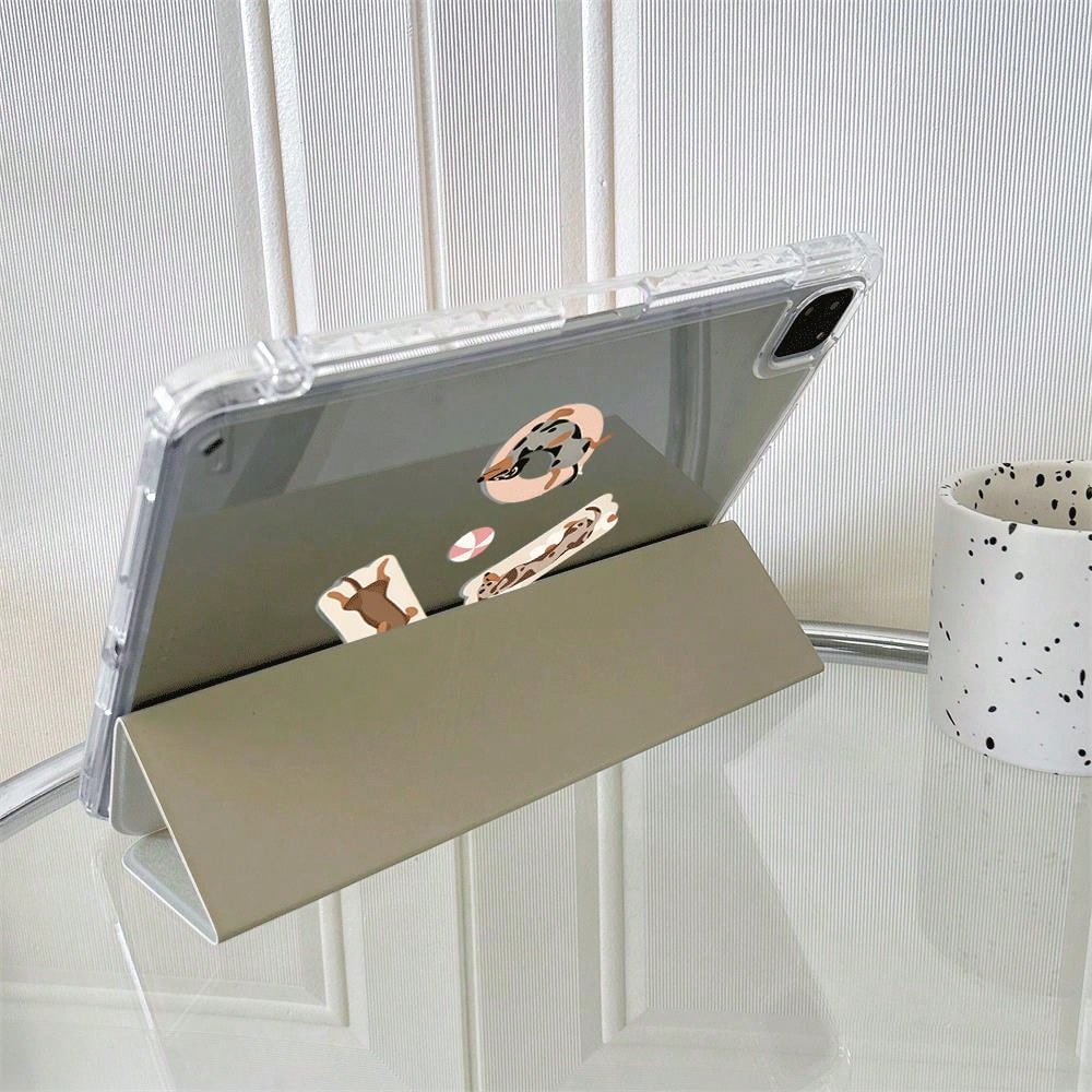 1pc Cute Dachshund Dog Sticker Style Print Clear Acrylic Back Tablet Case, Innovative Foldable Stand With Multiple Viewing Angles For Work & Entertainment, Protective Cover With Pen Slot Compatible Wi