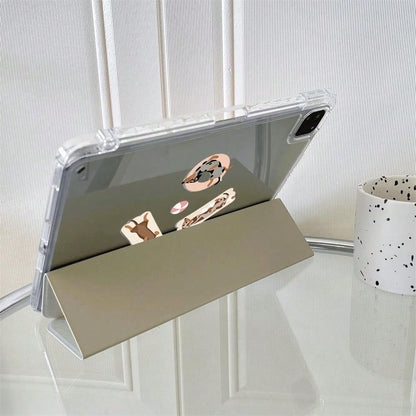 1pc Cute Dachshund Dog Sticker Style Print Clear Acrylic Back Tablet Case, Innovative Foldable Stand With Multiple Viewing Angles For Work & Entertainment, Protective Cover With Pen Slot Compatible Wi